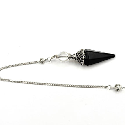 Black Obsidian Double Cap Pendulum with Silver Plate Chain