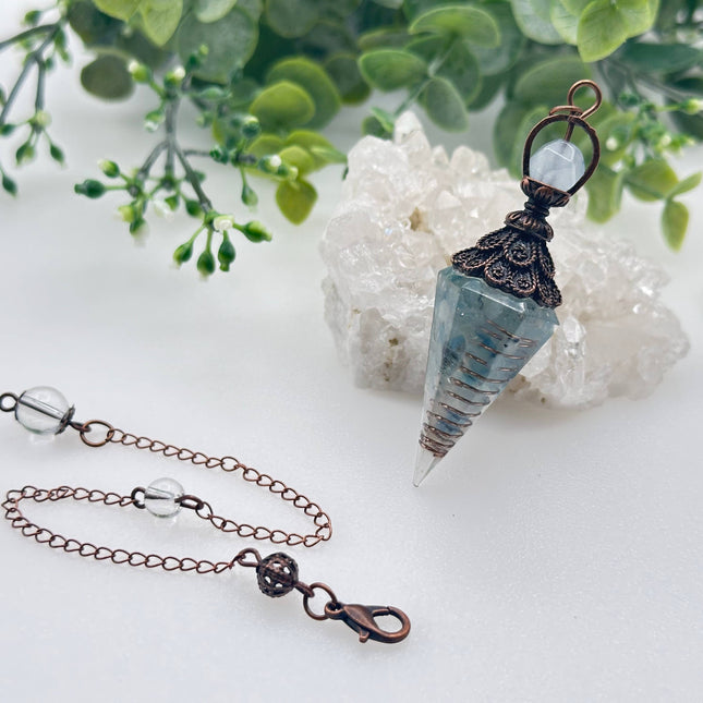Aquamarine Gemstone Chips with Copper in Resin Pendulum