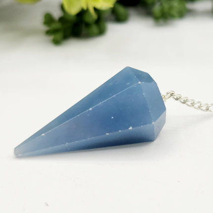 Angelite Pendulum with Silver Plated Chain & Clear Quartz Bead
