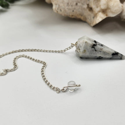 Rainbow Moonstone Gemstone Pendulum w/Silver Plated Chain