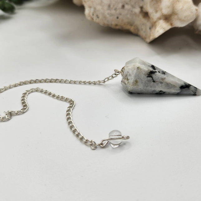 Rainbow Moonstone Gemstone Pendulum w/Silver Plated Chain