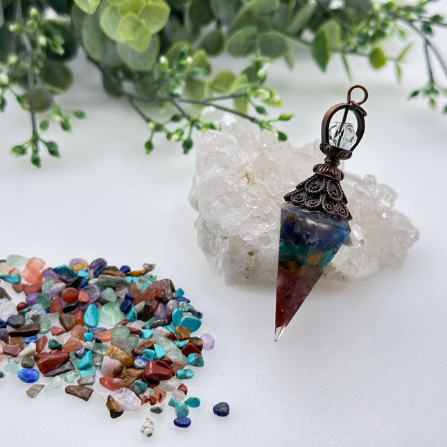 Chakra Gemstone Chips with Copper in Resin Pendulum