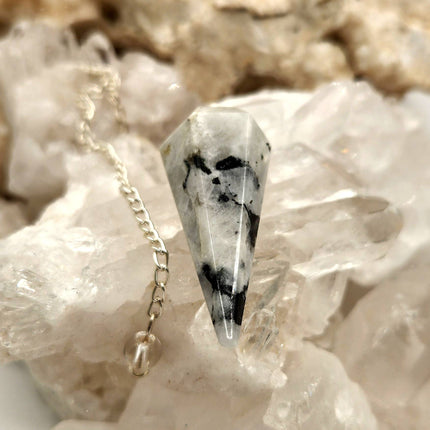 Rainbow Moonstone Gemstone Pendulum w/Silver Plated Chain