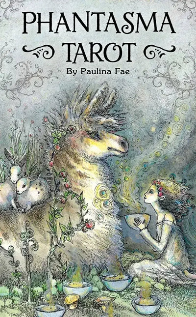 Cover of 'Phantasma Tarot' by Paulina Fae featuring a fantasy scene with a creature and a woman.