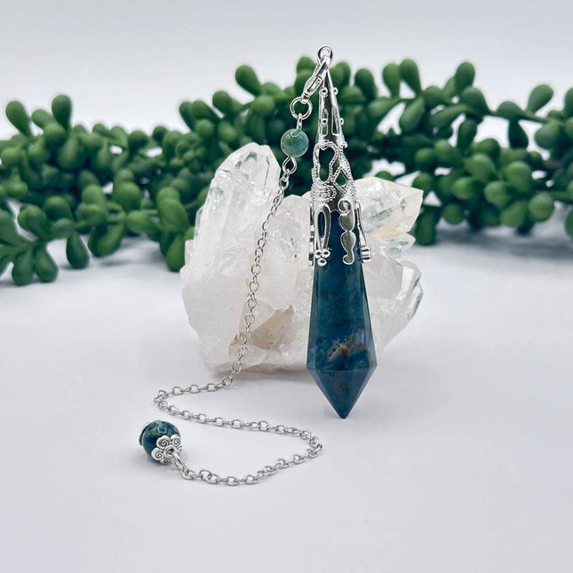 Moss Agate Gemstone Art Deco Silver Color Pendulum