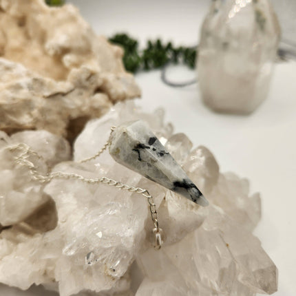 Rainbow Moonstone Gemstone Pendulum w/Silver Plated Chain