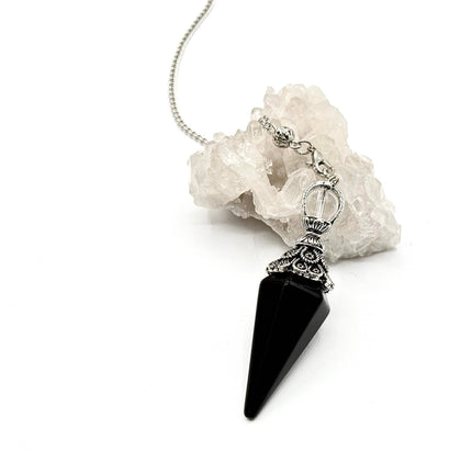 Black Obsidian Double Cap Pendulum with Silver Plate Chain