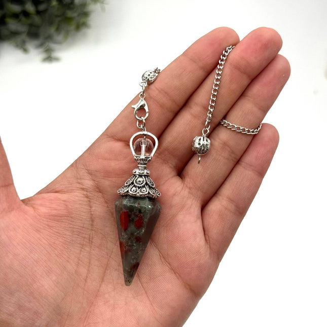 Bloodstone Double Cap Pendulum with Silver Plate Chain