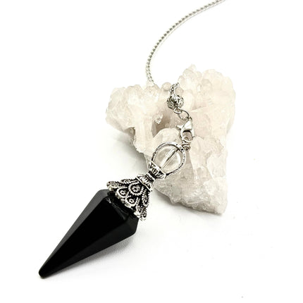 Black Obsidian Double Cap Pendulum with Silver Plate Chain