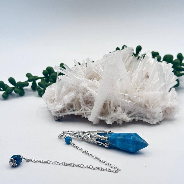Blue Apatite Gemstone Art Deco Silver Color Pendulum
