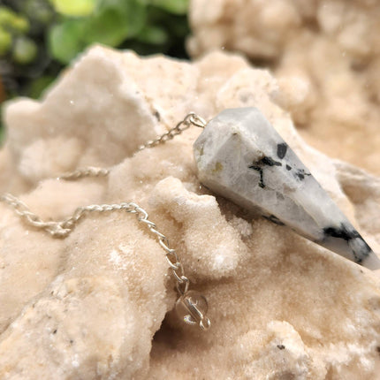 Rainbow Moonstone Gemstone Pendulum w/Silver Plated Chain