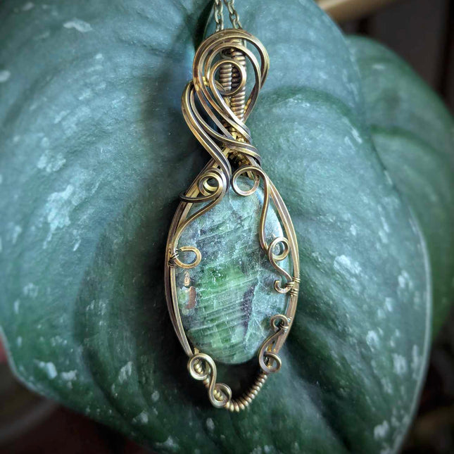 Deepwood Charm - Handmade Chrome Diopside Pendant in Antiqued Brass
