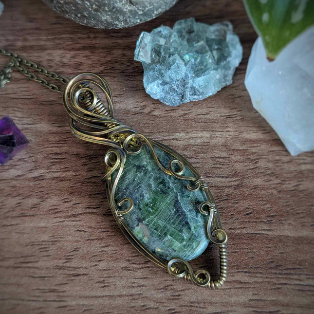 Deepwood Charm - Handmade Chrome Diopside Pendant in Antiqued Brass