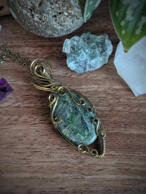 Deepwood Charm - Handmade Chrome Diopside Pendant in Antiqued Brass