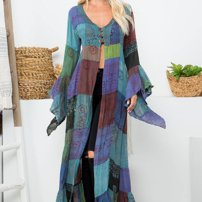 Deity Print Long Bell Sleeves Kimono