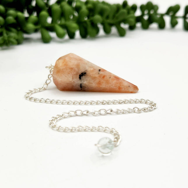 Sunstone Pendulum with Silver Plated Chain & Clear Quartz Bead