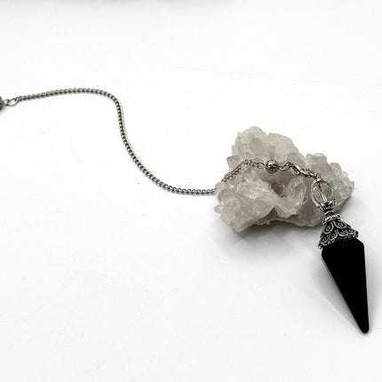 Black Obsidian Double Cap Pendulum with Silver Plate Chain