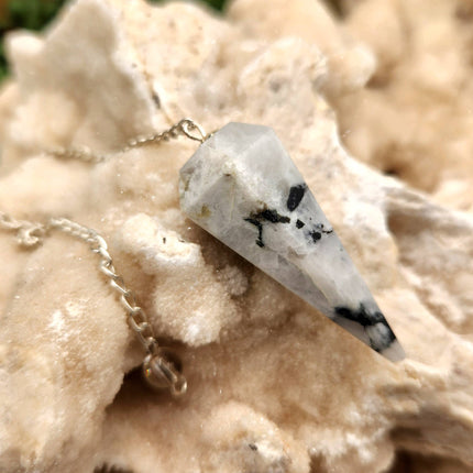 Rainbow Moonstone Gemstone Pendulum w/Silver Plated Chain