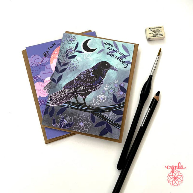 Raven Birthday Card moon dark humorous mystical witchy glow
