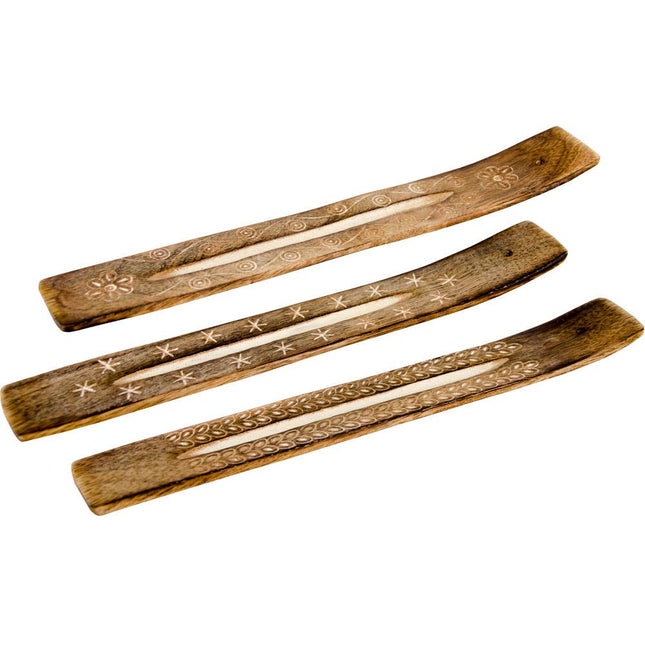 Wood Incense Holder Carved - White Antique Flower