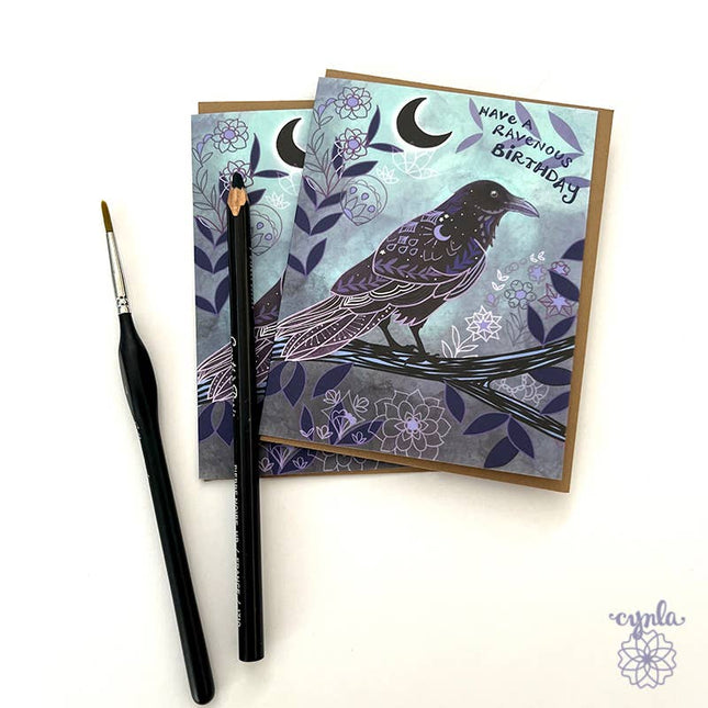 Raven Birthday Card moon dark humorous mystical witchy glow