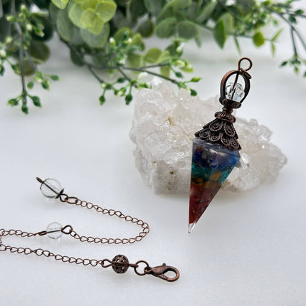 Chakra Gemstone Chips with Copper in Resin Pendulum