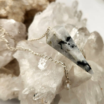 Rainbow Moonstone Gemstone Pendulum w/Silver Plated Chain