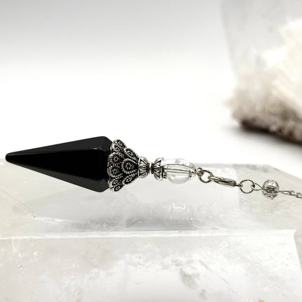 Black Obsidian Double Cap Pendulum with Silver Plate Chain