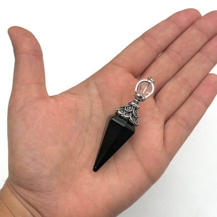 Black Obsidian Double Cap Pendulum with Silver Plate Chain