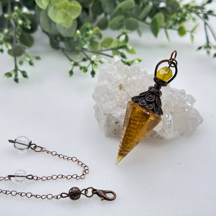 Citrine Gemstone Chips with Copper in Resin Pendulum