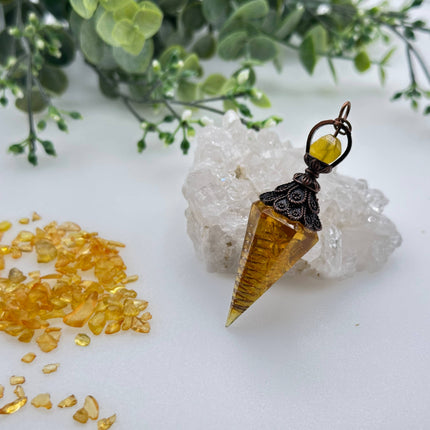 Citrine Gemstone Chips with Copper in Resin Pendulum