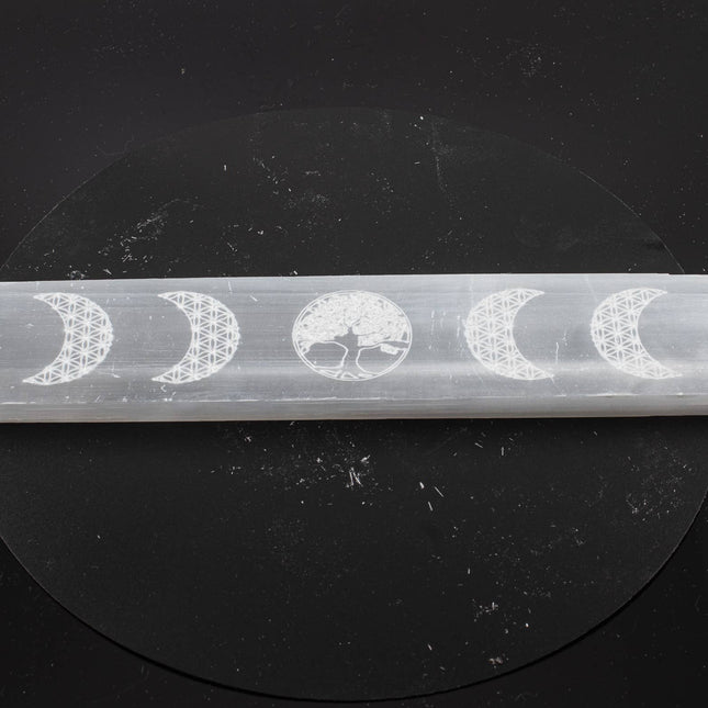 Selenite Charging Bar Engraved Moon Phase with Tree of Life