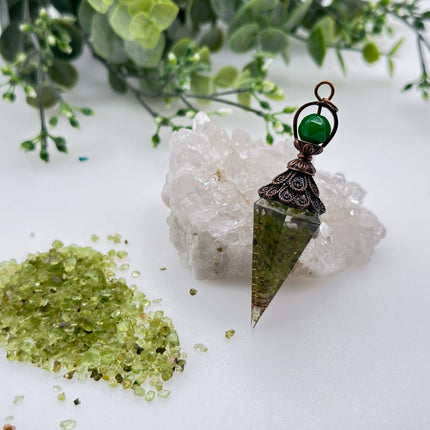 Peridot Chips with Copper in Resin Pendulum