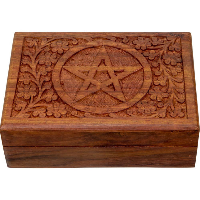 Carved Wood Box Lined - Filigree Pentacle