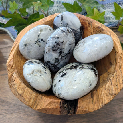 White, Black Rainbow Moonstone Palm Stones