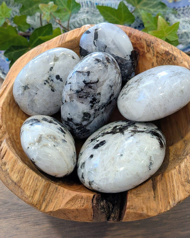 White, Black Rainbow Moonstone Palm Stones