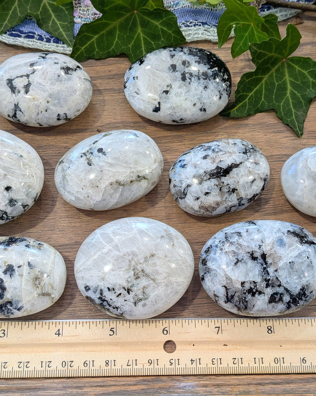 White, Black Rainbow Moonstone Palm Stones