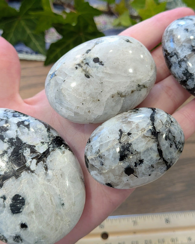 White, Black Rainbow Moonstone Palm Stones