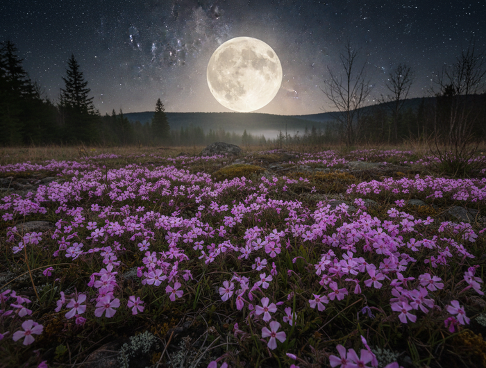 realism wild ground phlox under full moon