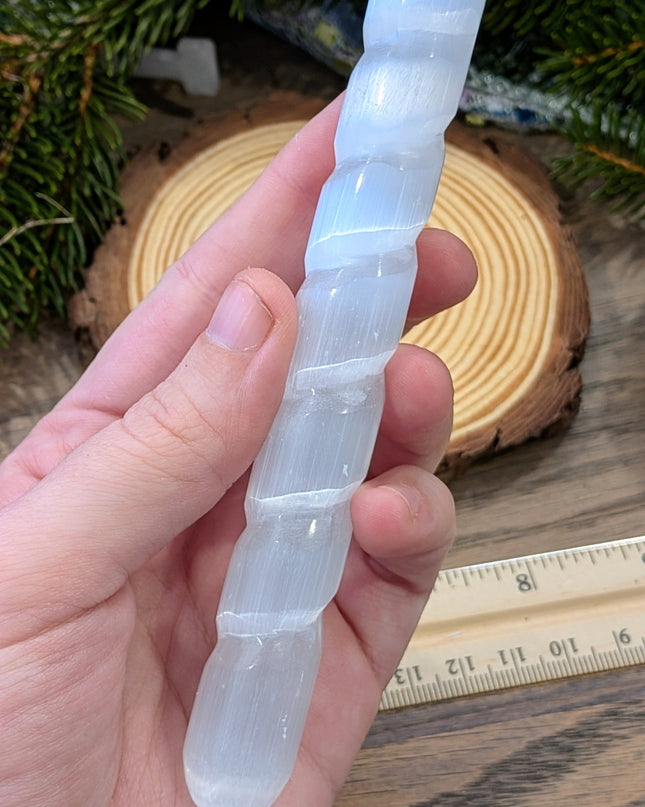 White, Clear Selenite Spiral Wand